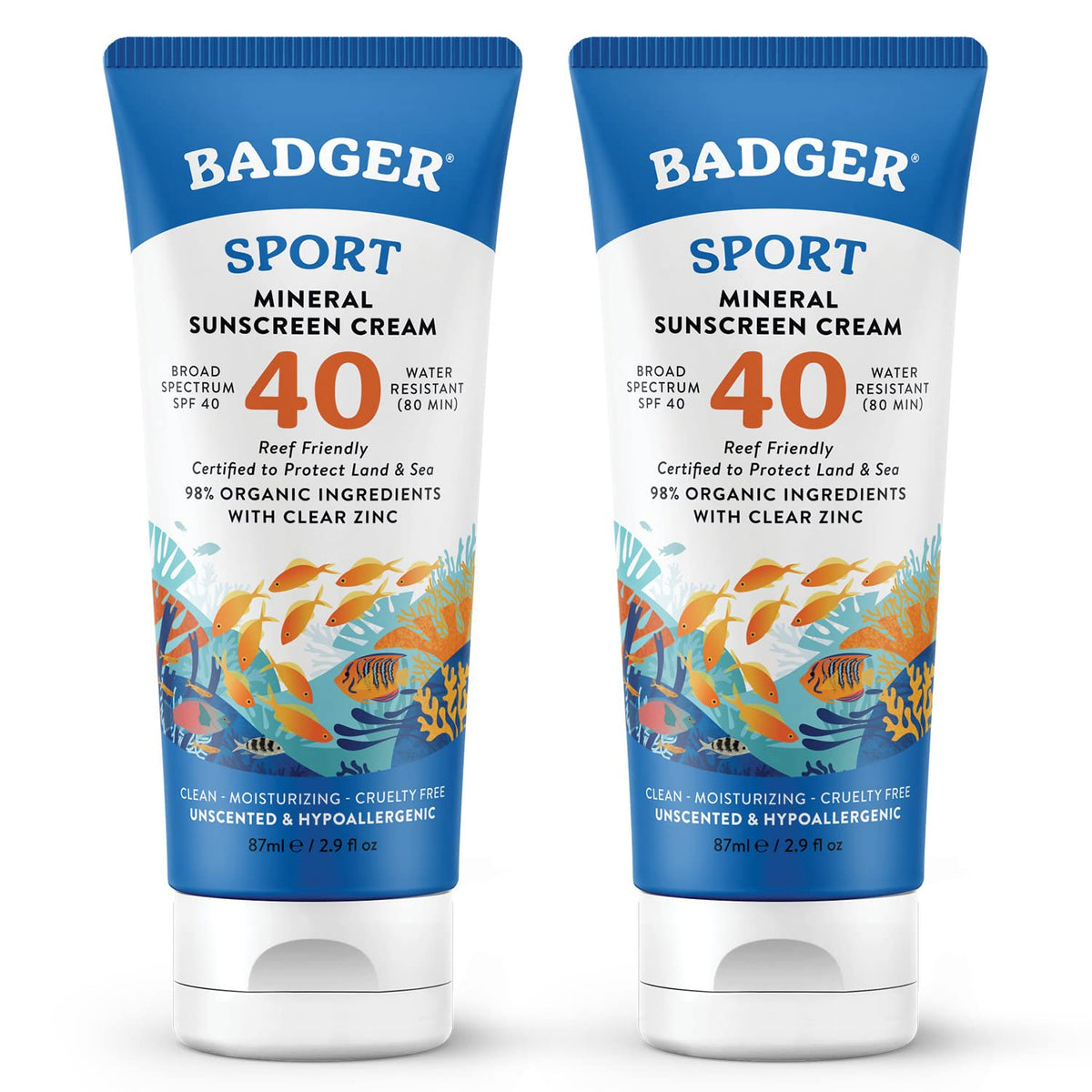 Badger Reef Safe Sunscreen Spf 40, Mineral Zinc Oxide, Water Resistant, 2 Pack, Unscented