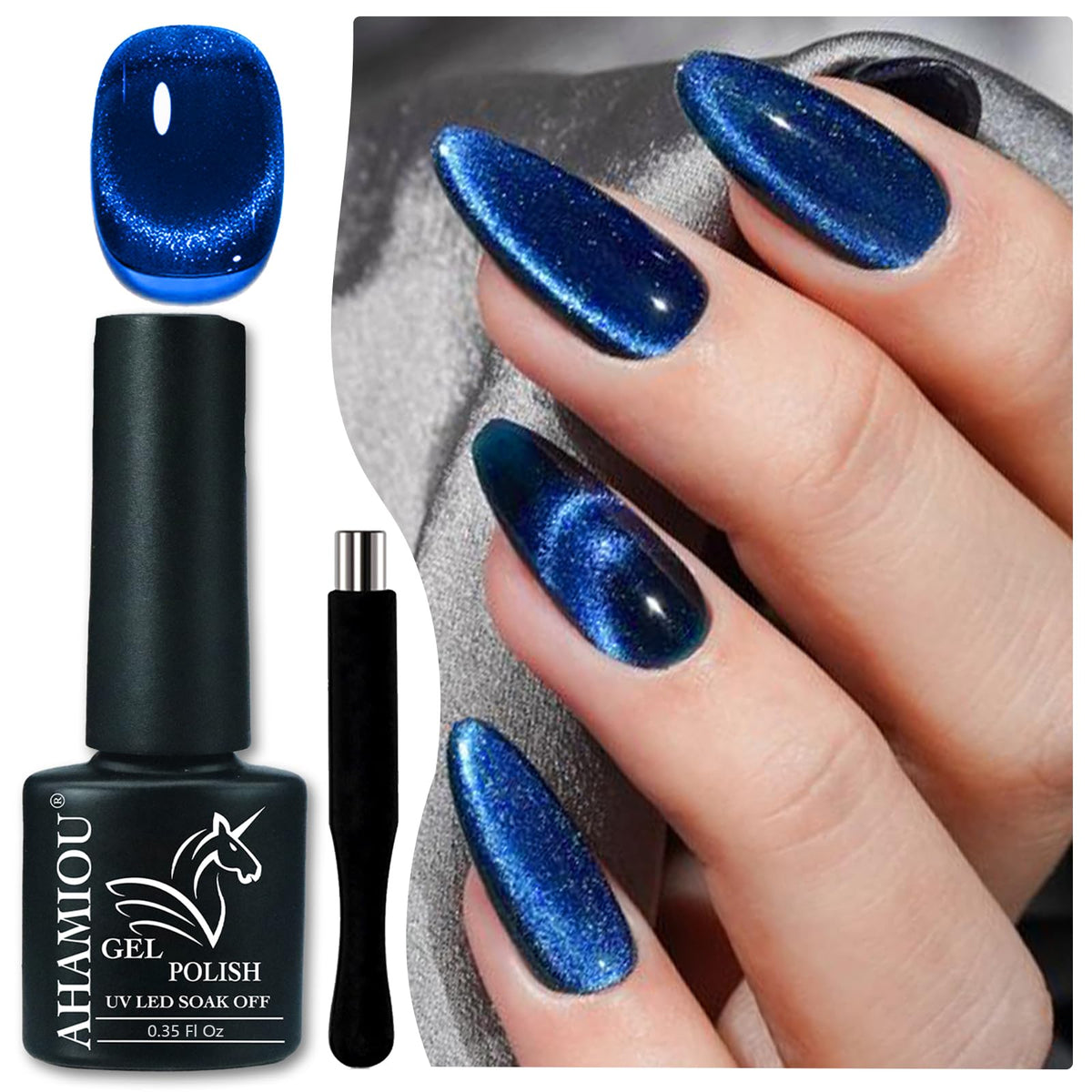 Ahamiou Cat Eye Gel Nail Polish Dark Blue 0.35 Fl Oz - Vibrant Uv/Led Lacquer For Diy Nail