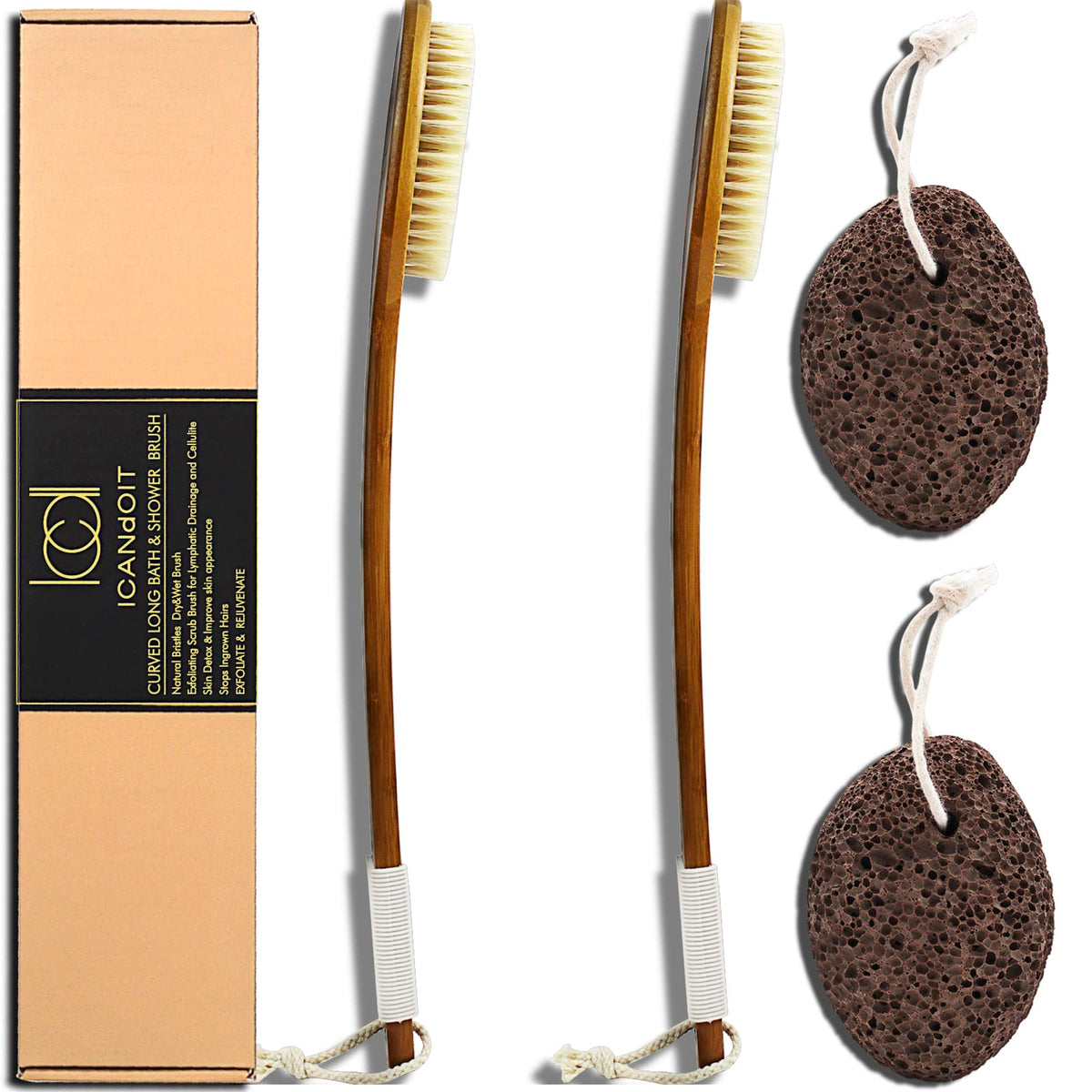 Icandoit 17.71&quot; Natural Boar Bristle Bath Brush Set With Pumice Stone - Exfoliating Back