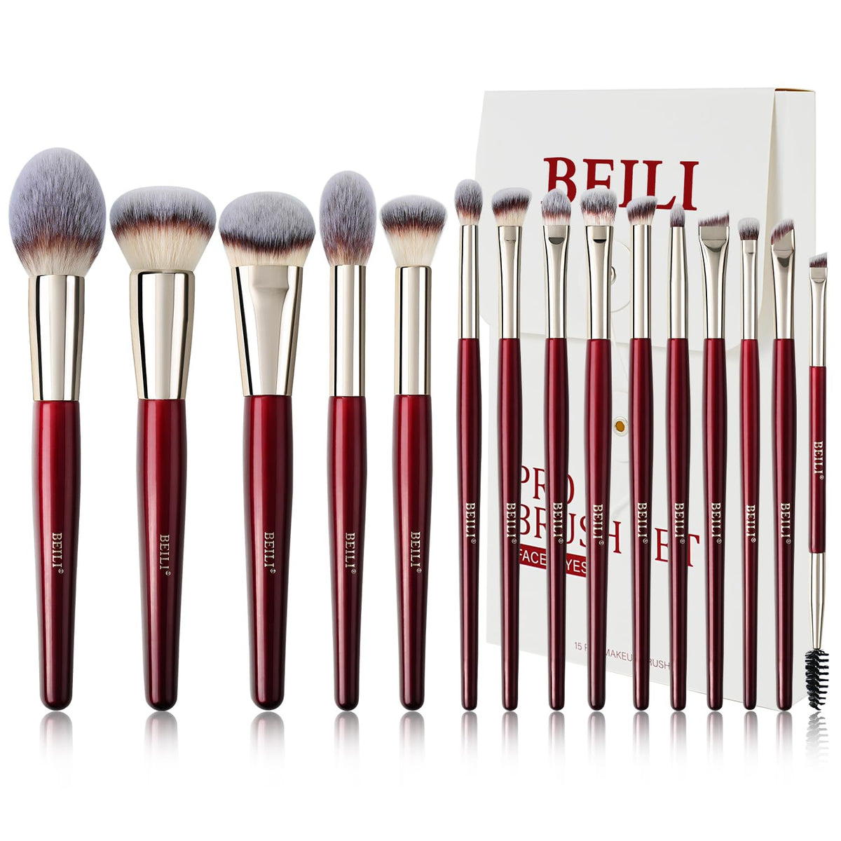 Beili 15Pcs Makeup Brush Set - Professional Synthetic Brushes For Liquid, Cream & Powder, Red