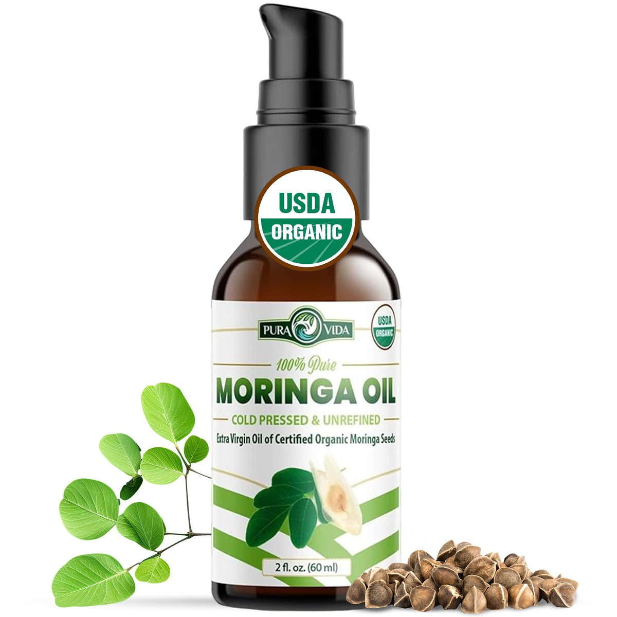 Pura Vida Moringa Usda Organic Moringa Seed Oil - 100% Pure, Cold Pressed, 2 Oz For Skin