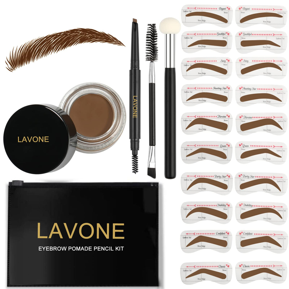 Lavone Eyebrow Stamp Stencil Kit - Auburn, Waterproof Pencil, Pomade, 20 Stencils, Dual-Ended Brush