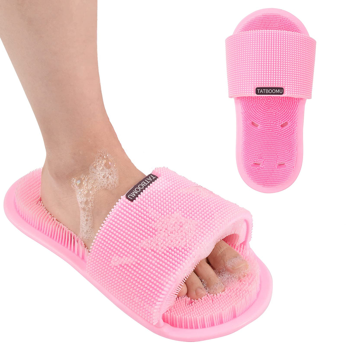 Tatboomu Pink Shower Foot Scrubber - Soft Silicone Bristles, Non-Slip, Exfoliates & Massages Feet