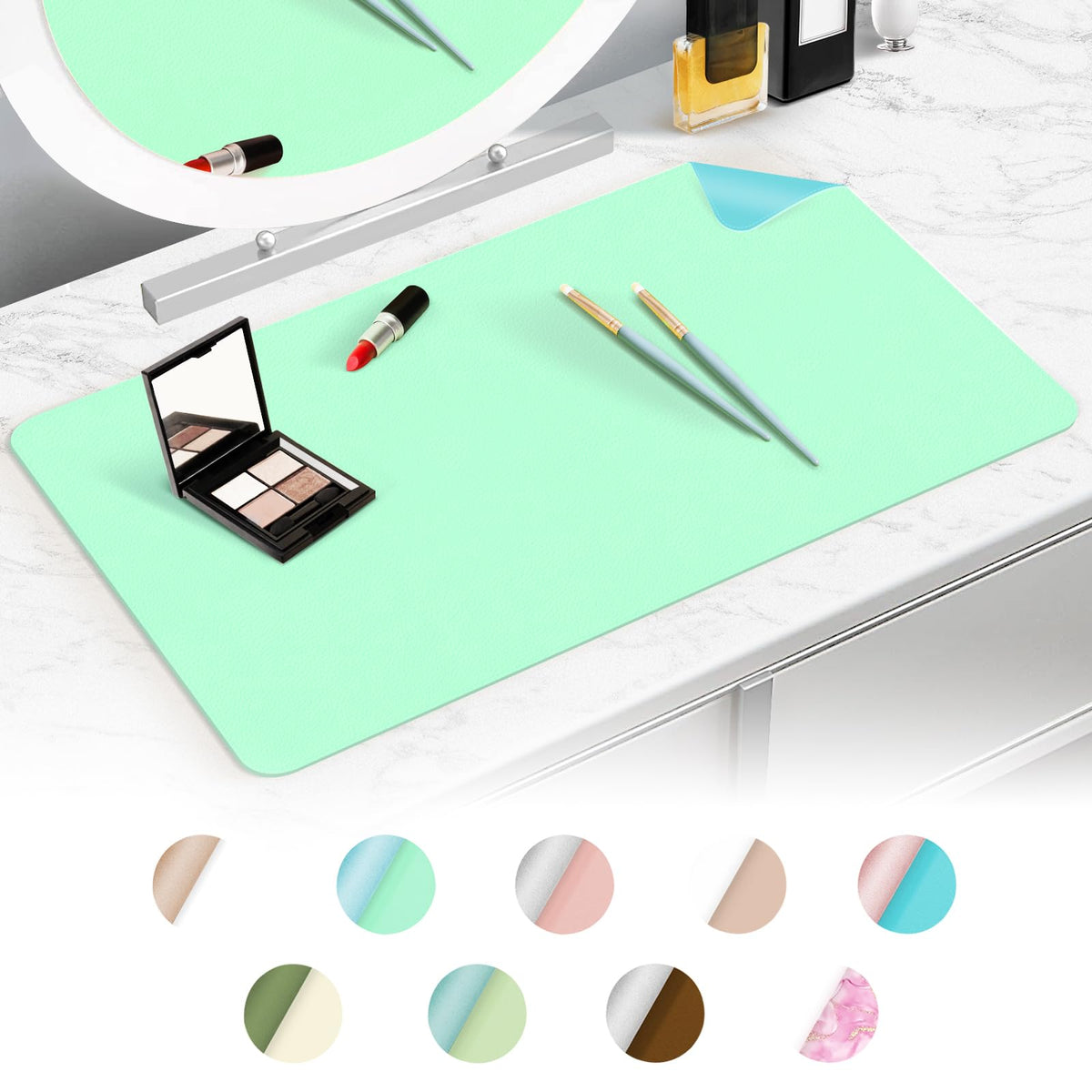 Tohonfoo Dual-Sided Makeup Mat - Waterproof & Oilproof Vanity Desk Mat, 23.6&quot;X11.8&quot;, Mint