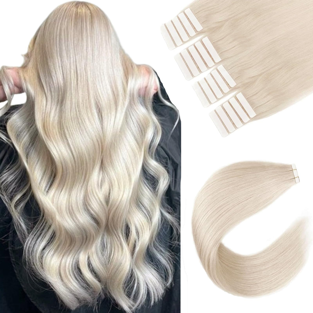 Sixstarhair 16&quot; Tape In Extensions Human Hair - Silky Straight White Blonde 50G Seamless Weft