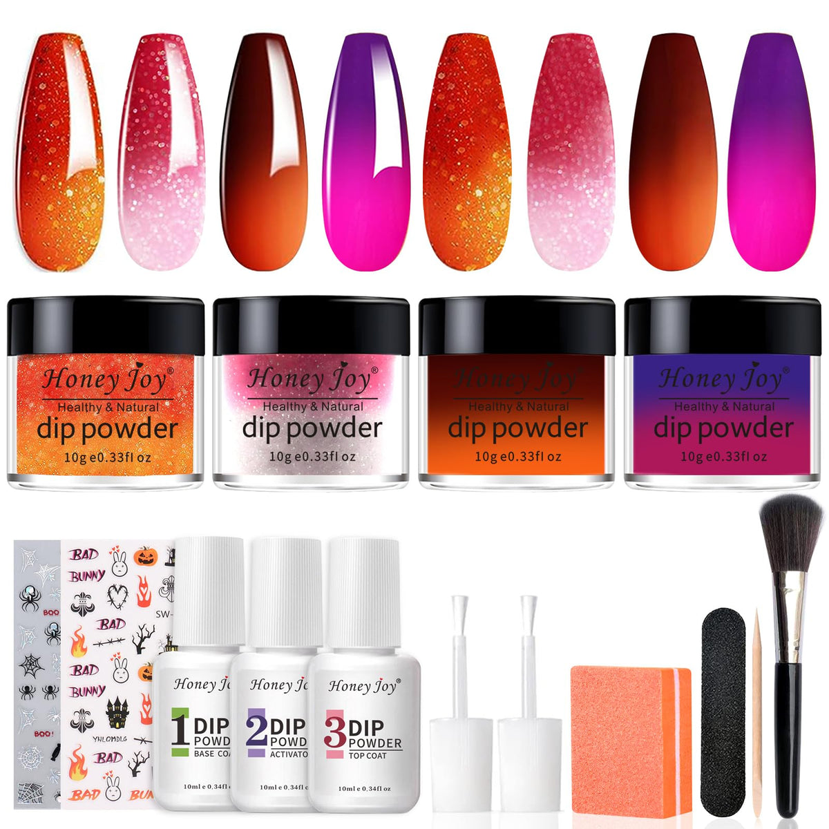 Honey Joy Dipping Powder Nail Kit - 4 Colors Halloween Set With Base & Top Coat, Diy Manicure