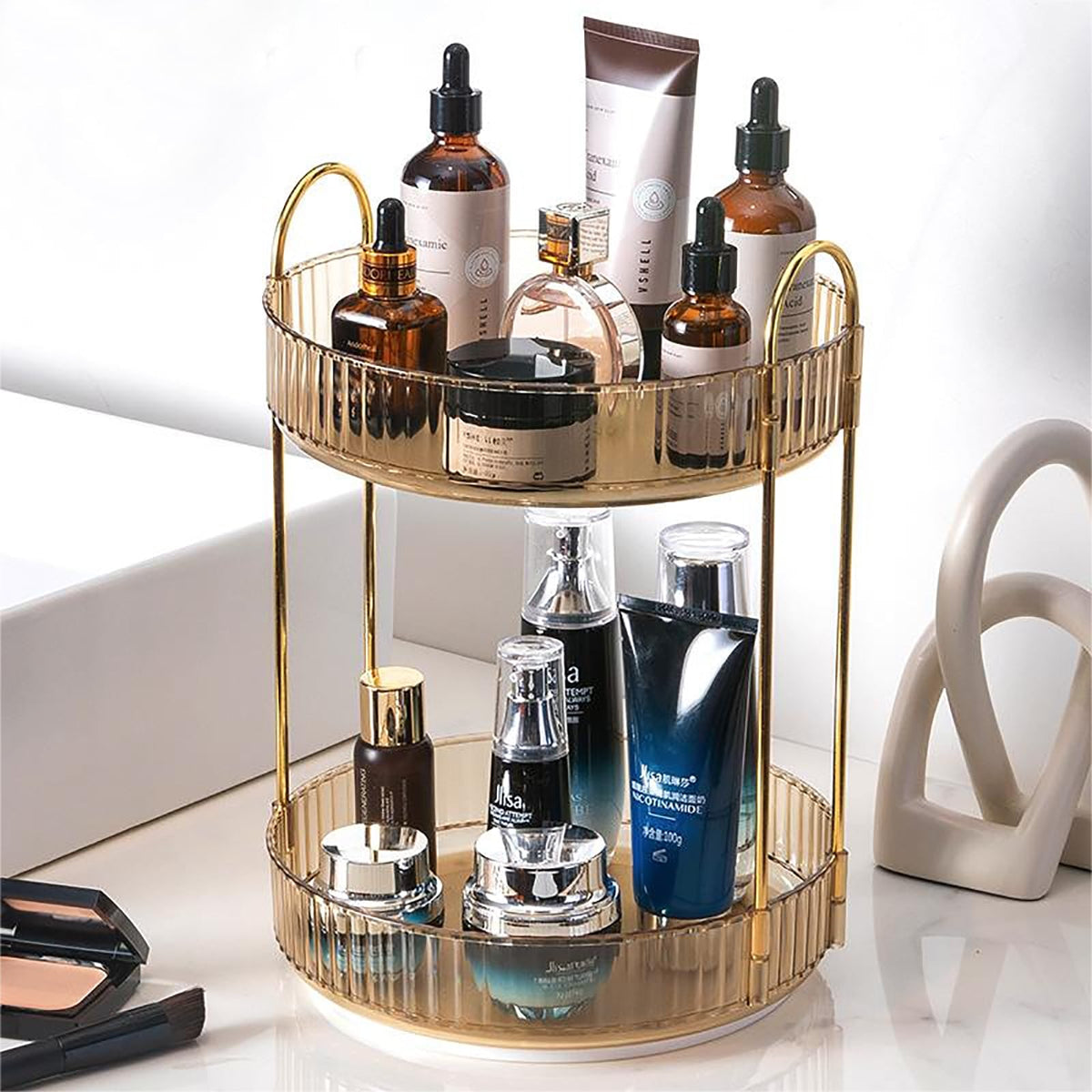 Zufudo 2 Tier Rotating Makeup Organizer - Clear Amber Gold Lazy Susan For Bathroom Vanity