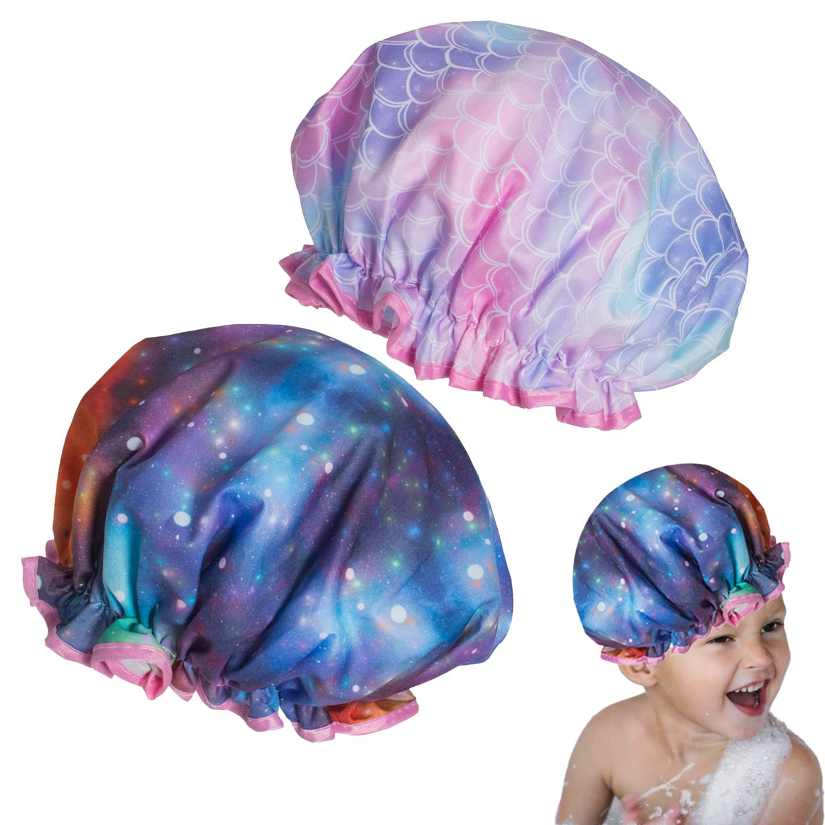 Qeuly Kids Shower Cap 2 Pack, Double Layer Waterproof Bonnets For Boys & Girls - Galaxy & Mermaid