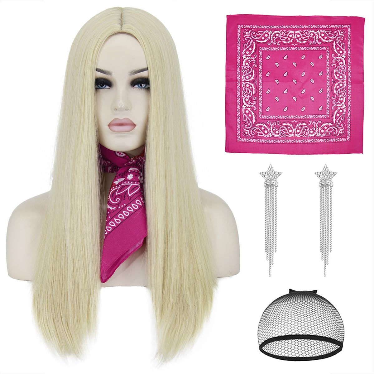 Shecool Blonde Wig With Scarf & Earrings For Cowgirl Costume - Soft Halloween Wig For Women