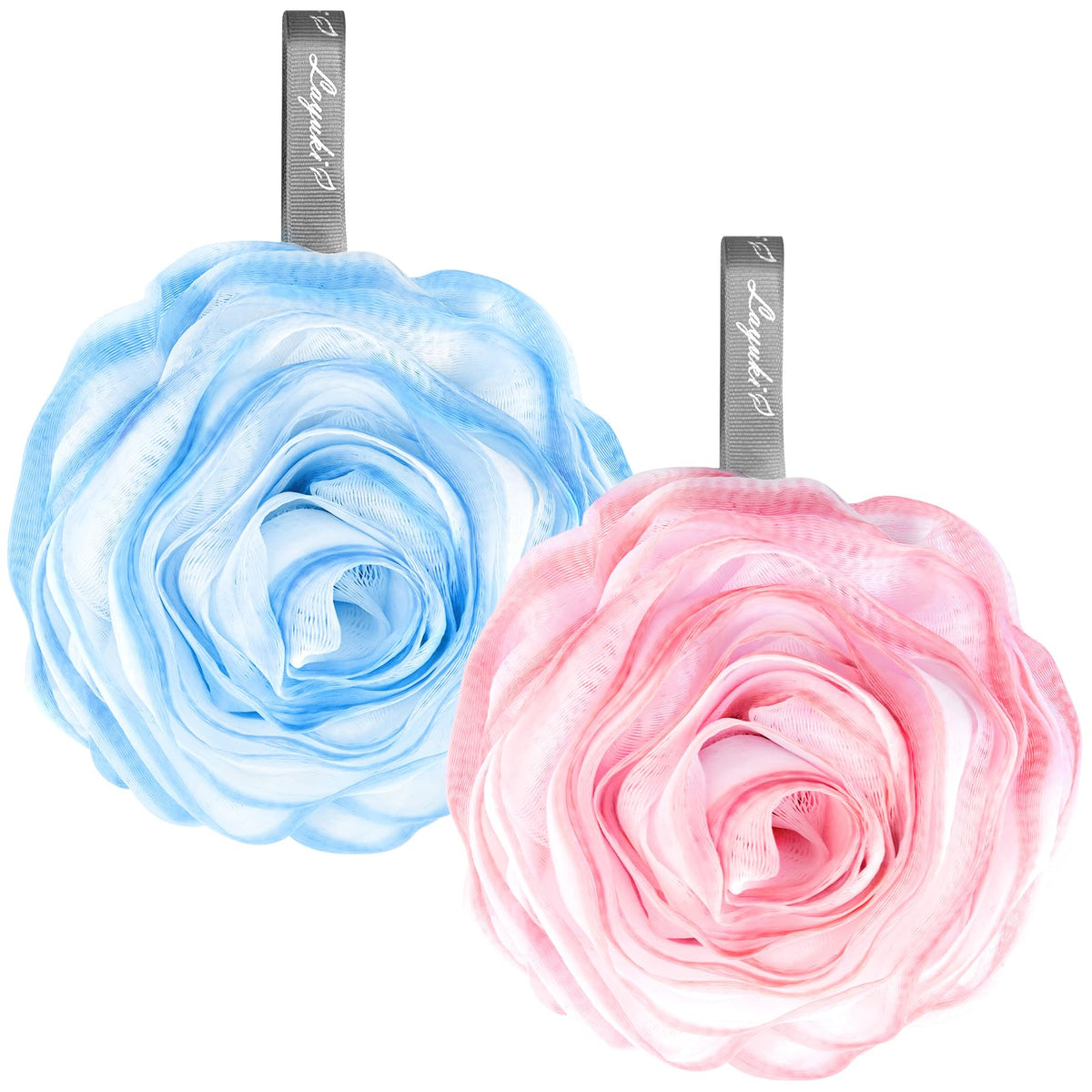 Layuki Rose-Shaped Bath Loofah Set - 2 Elegant Shower Sponges In Blue And Pink