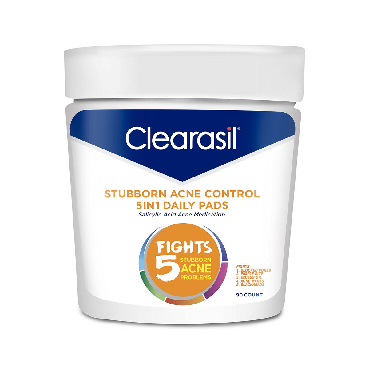 Clearasil Acne Control Cleansing Pads, 5In1 Treatment With Salicylic Acid, 90 Count