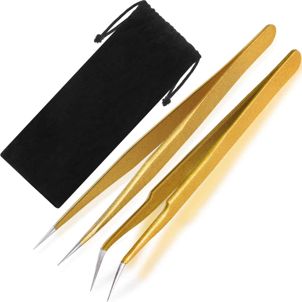 Hotop Gold Stainless Steel Eyelash Extension Tweezers Set - 2 Pieces Straight & Curved Tips