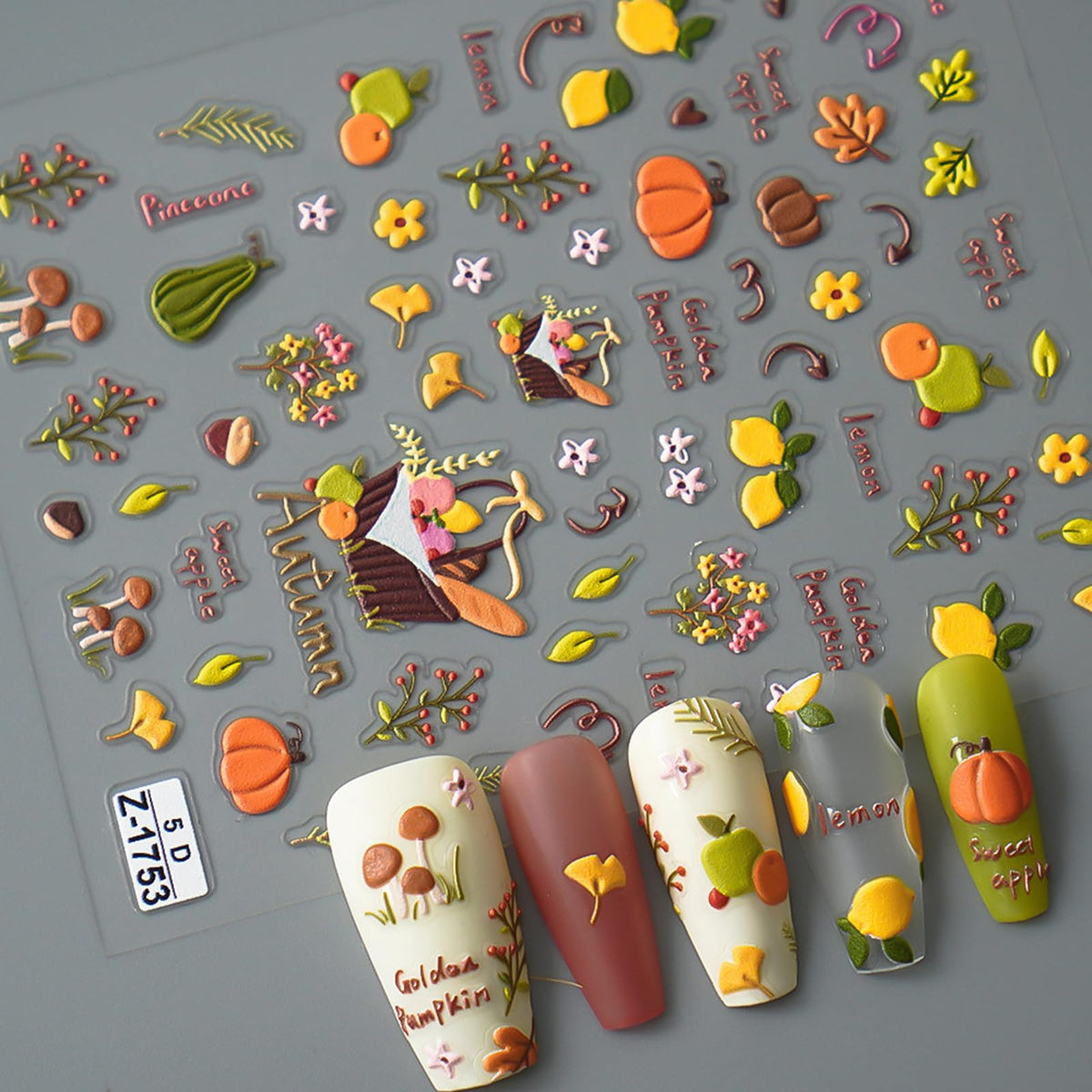 Fruzjay Fall Pumpkin Nail Stickers - 5D Thanksgiving Nail Art Decals, Maple Leaves & Mushrooms