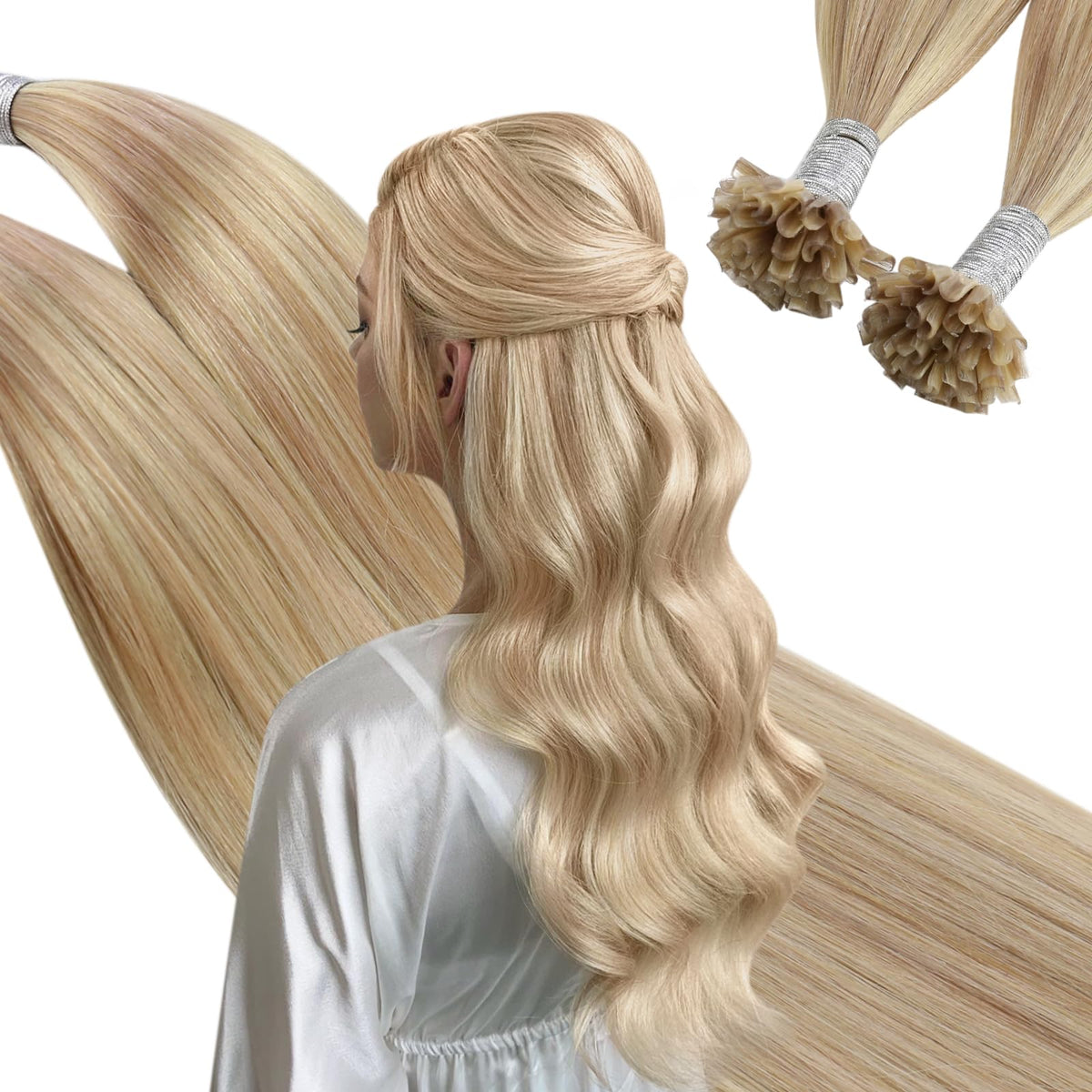 Ugeat 22&quot; U Tip Hair Extensions - Ash Blonde Human Hair with Golden Highlights, 50G Keratin Bond