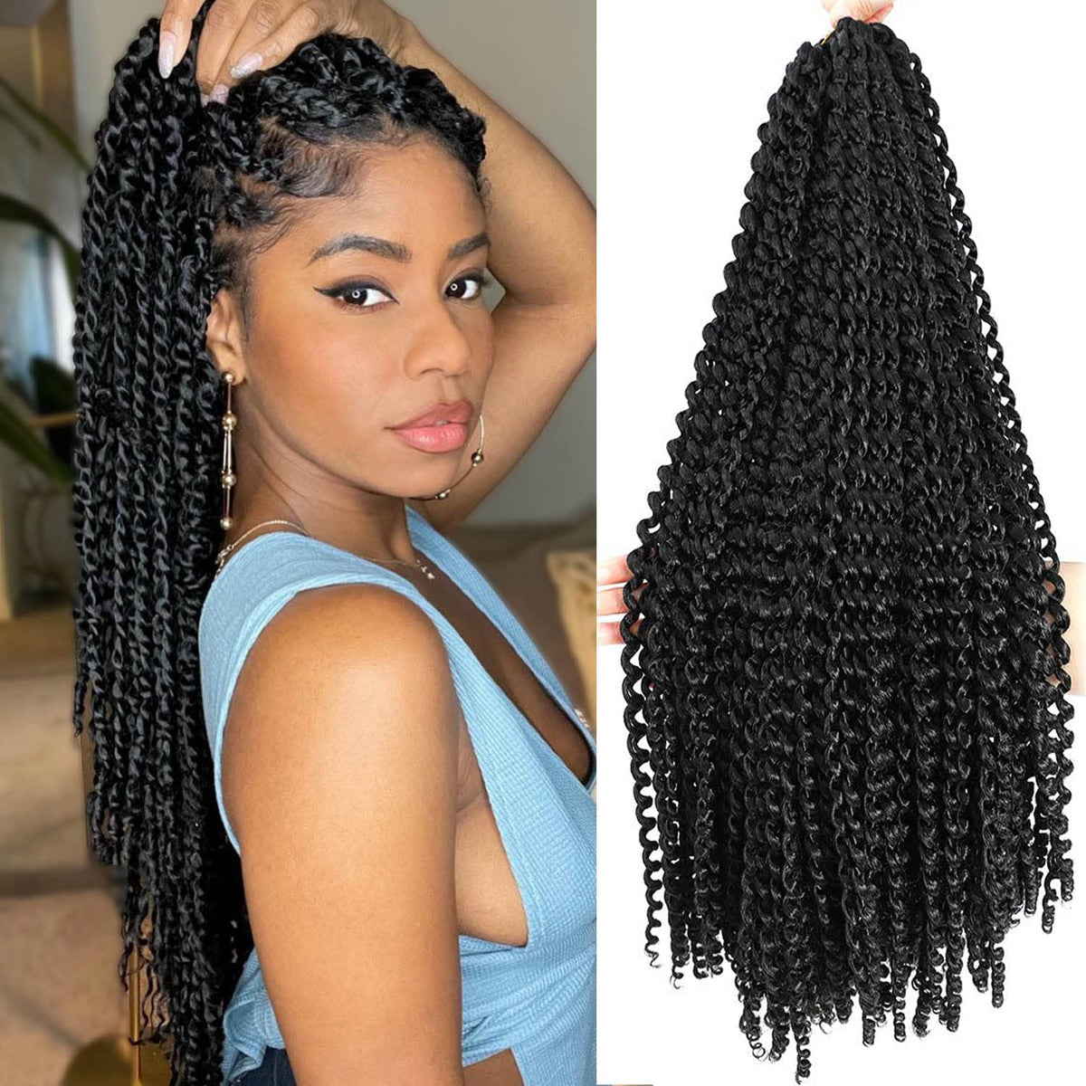 Renjoing 24 Inch Passion Twist Hair 6 Packs Black Water Wave Braiding Hair Extensions 1B#