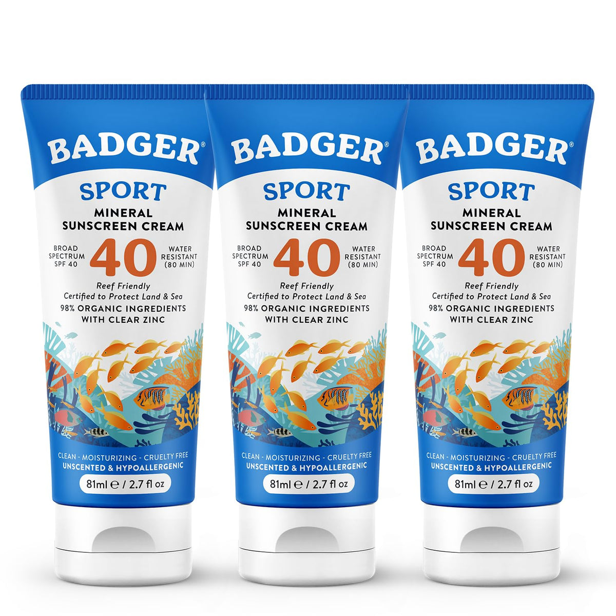 Badger Spf 40 Sport Sunscreen, 98% Organic, Water Resistant, Zinc Oxide, Unscented, 3 Pack