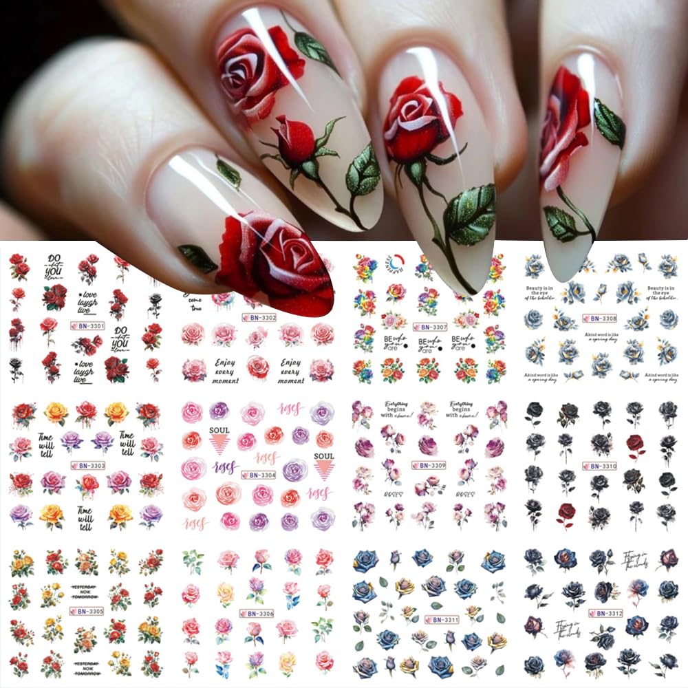 Qdsuh Flower Nail Art Stickers - Rose Water Transfer Decals For Nails - 12 Sheets