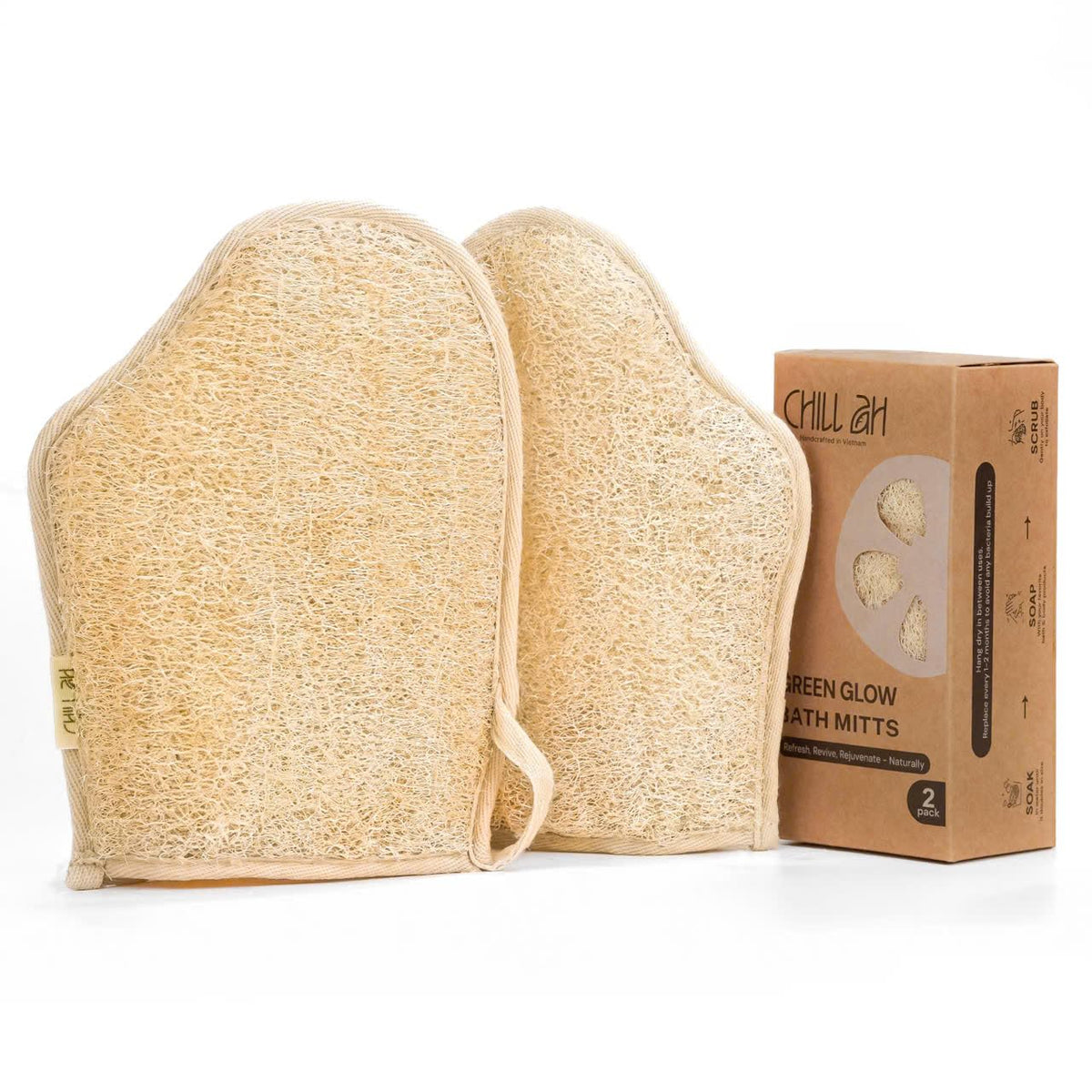 Chill Ah Green Glow Loofah Bath Mitts – 100% Plant-Based, Biodegradable, 2-Pack