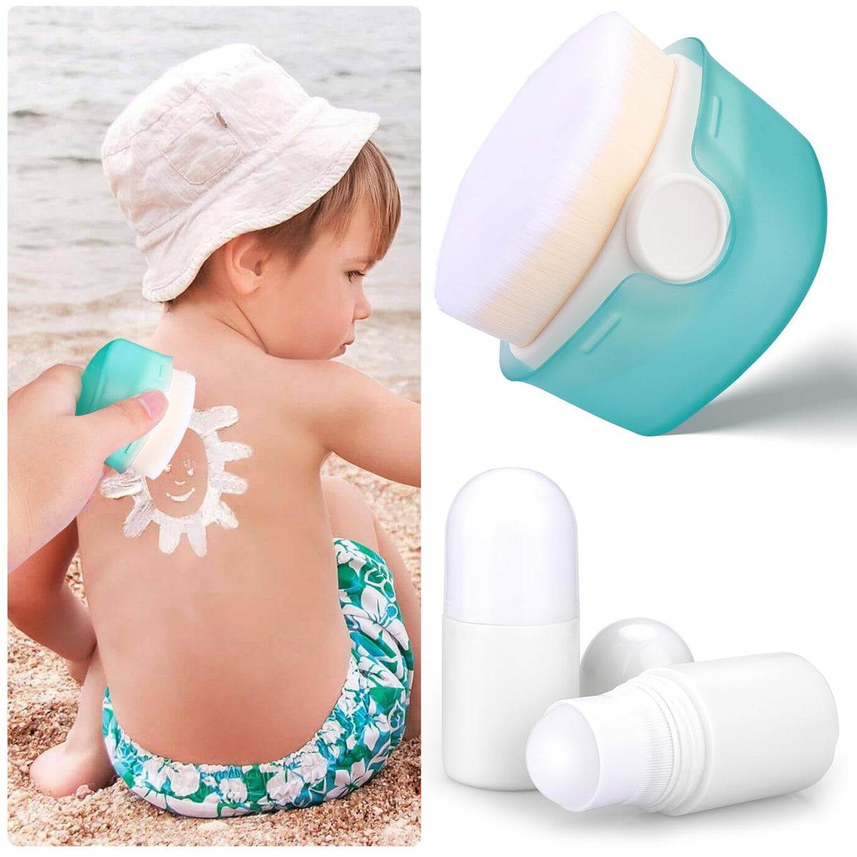 Mity Rain Sunscreen Applicator Set For Kids - 3Pcs Roller Bottles & Brush, White