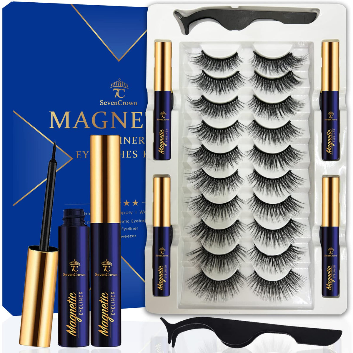 7C Sevencrown Cat-Eye Magnetic Eyelashes & Eyeliner Kit, Reusable Faux Mink, Easy & Cruel