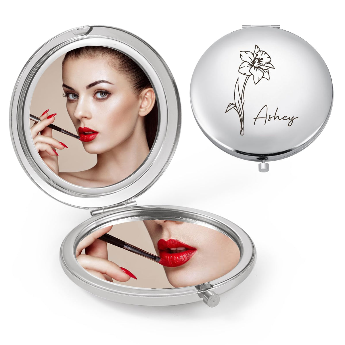 Ahgmeside Personalized Compact Mirror - Custom Birthflower Travel Makeup Mirror For Women