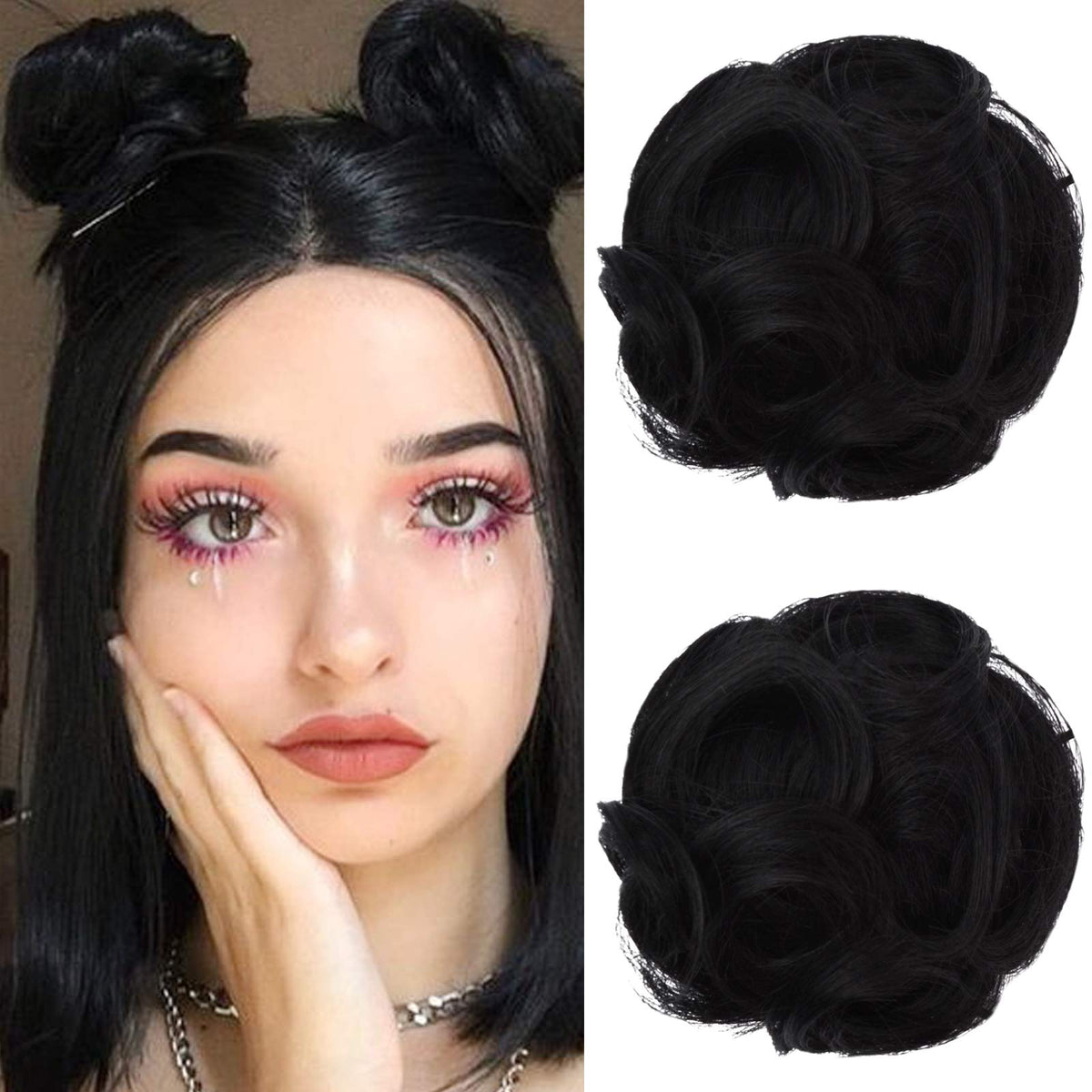 REECHO Mini Claw Clip Hair Bun Extensions, 2 PCS Natural Black Wavy Updo for Women & Girls