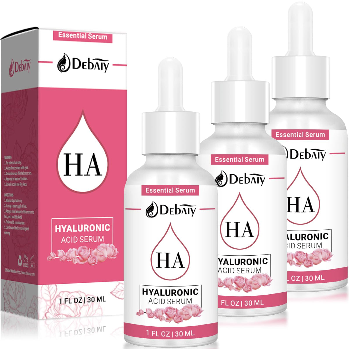 Debaiy 3 Pack Rose Hyaluronic Acid Serum, Anti-Wrinkle & Anti-Aging, 1 Fl Oz Each