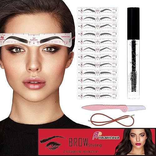 Halanicawa Eyebrow Stencil & Setting Gel Kit - 30 Reusable Templates, Waterproof Brow Fix