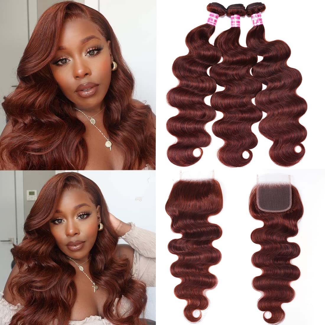 UNICE Copper Red Body Wave Human Hair 3 Bundles & 4x4 Closure, 20-24 Inch Remy Extensions