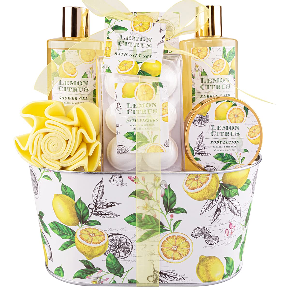 Ariosemonde Lemon Citrus Spa Gift Set - 13 Pcs Bath Gift Basket With Gel, Lotion, Bubble Bath