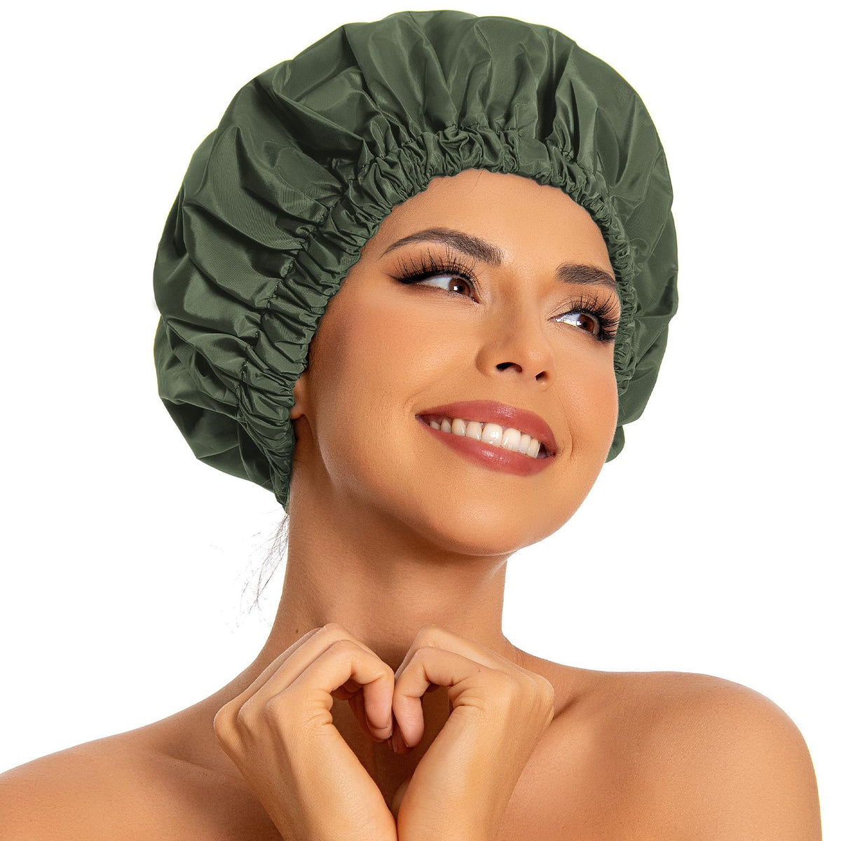 Edoneery Green Reusable Shower Cap For Women, Waterproof Adjustable Hair Bonnet For Long Hair