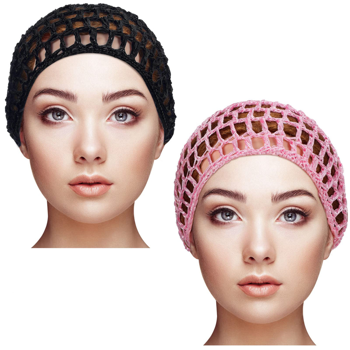 Geyoga 2 Pack Mesh Crochet Hair Net Snood Hat Cover For Women - Black & Pink Sleep Cap