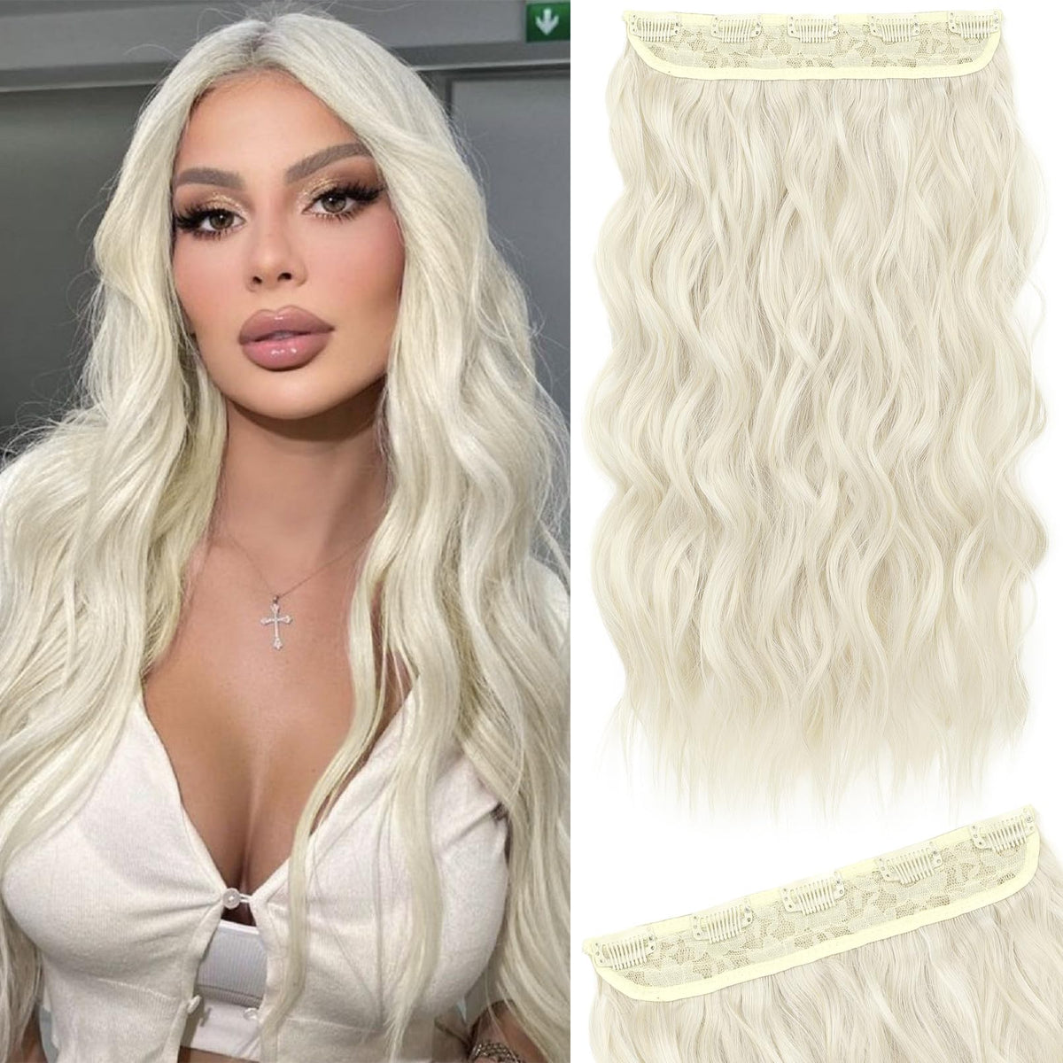 REECHO 20&quot; Platinum Blonde Wavy Clip-In Hair Extensions - Thick Synthetic Hairpieces for Women