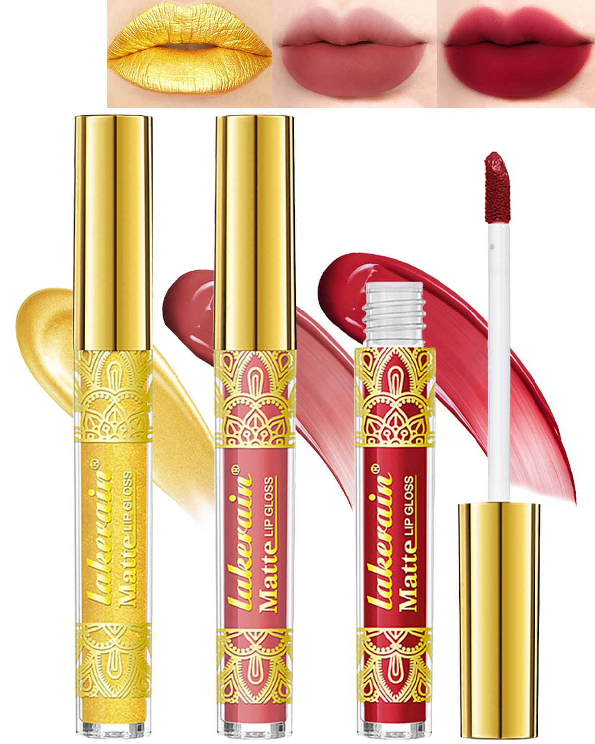 Lysdefeu Matte Lipstick Kit - 3 Pcs Long-Lasting Waterproof Lip Stain, Gold Nude Ruby Red