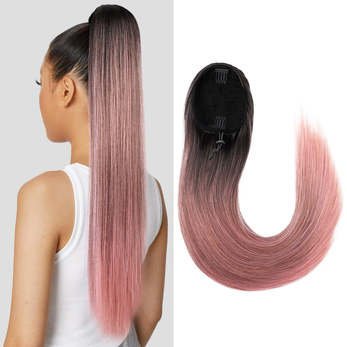 Seikea 28&quot; Drawstring Ponytail Extension - Natural Black/Pink Synthetic Hairpiece For Women