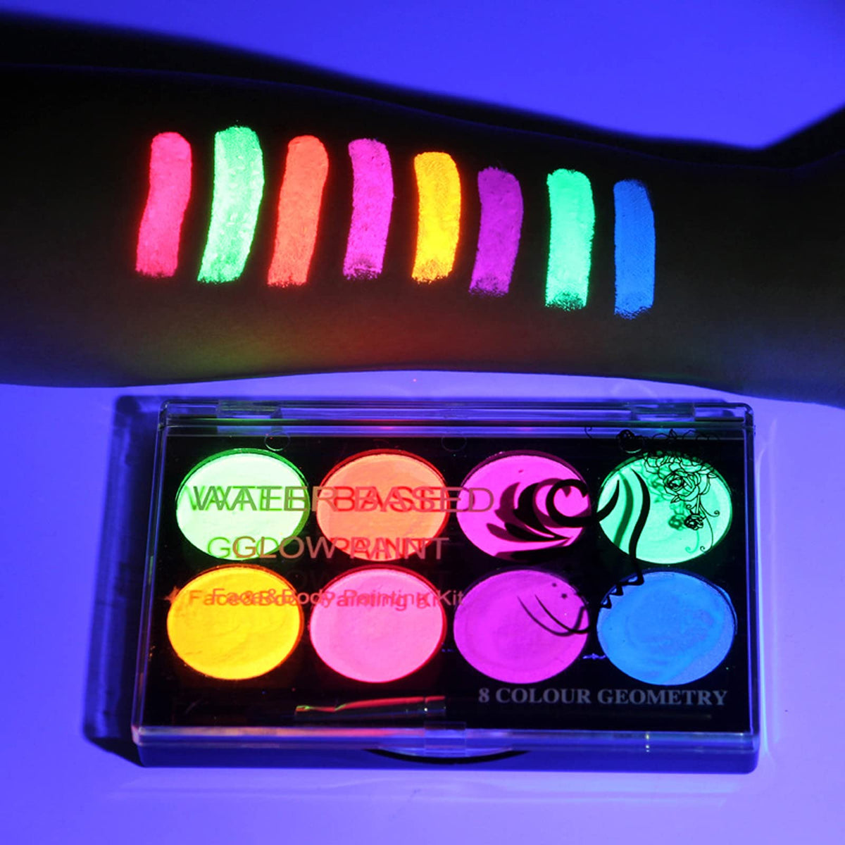 Meicoly Glow Uv Blacklight Face Paint Palette - 8 Neon Colors, Water Activated, Washable