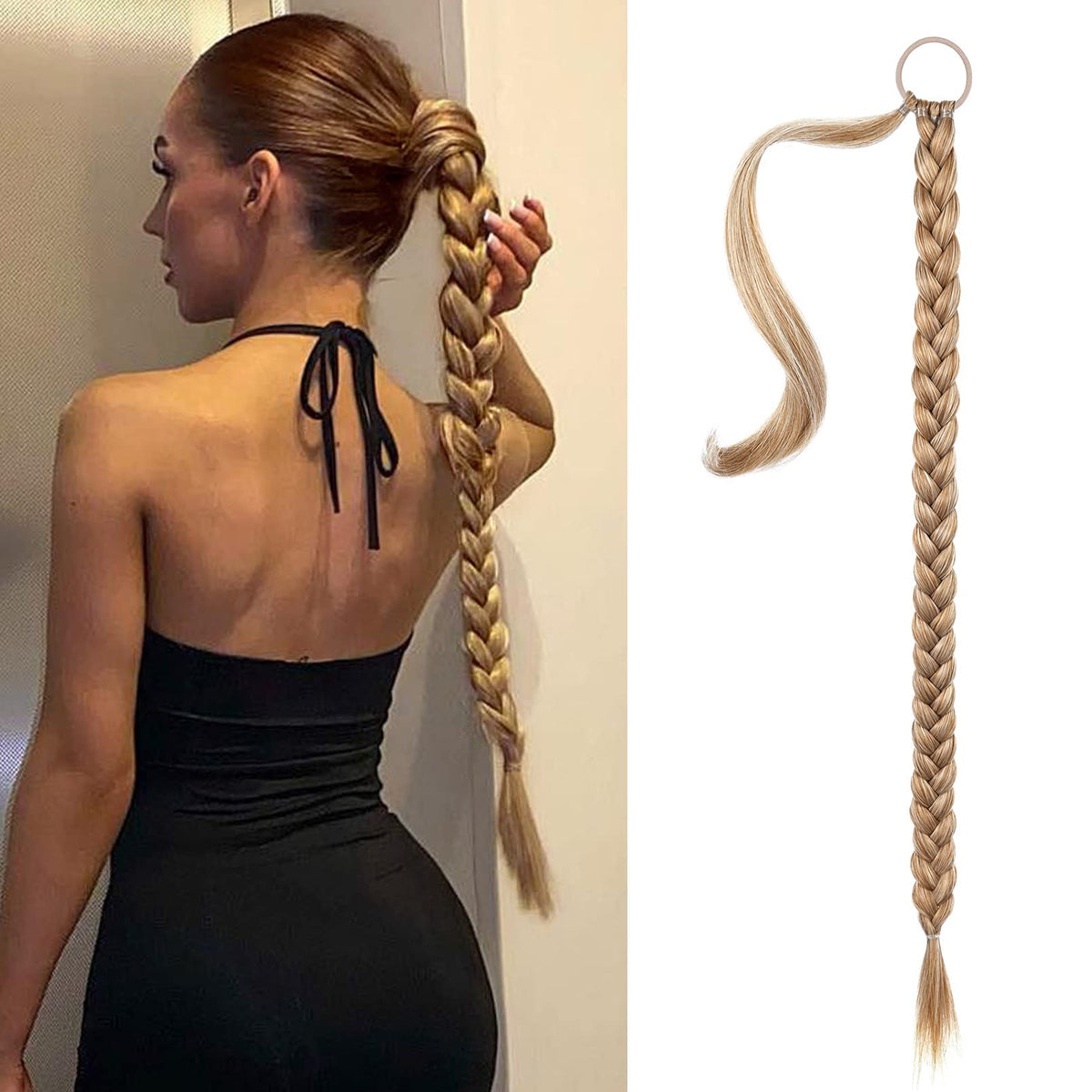 Seikea 30&quot; Long Braided Ponytail Extension - Golden Blonde Highlights, Synthetic Hair Piece