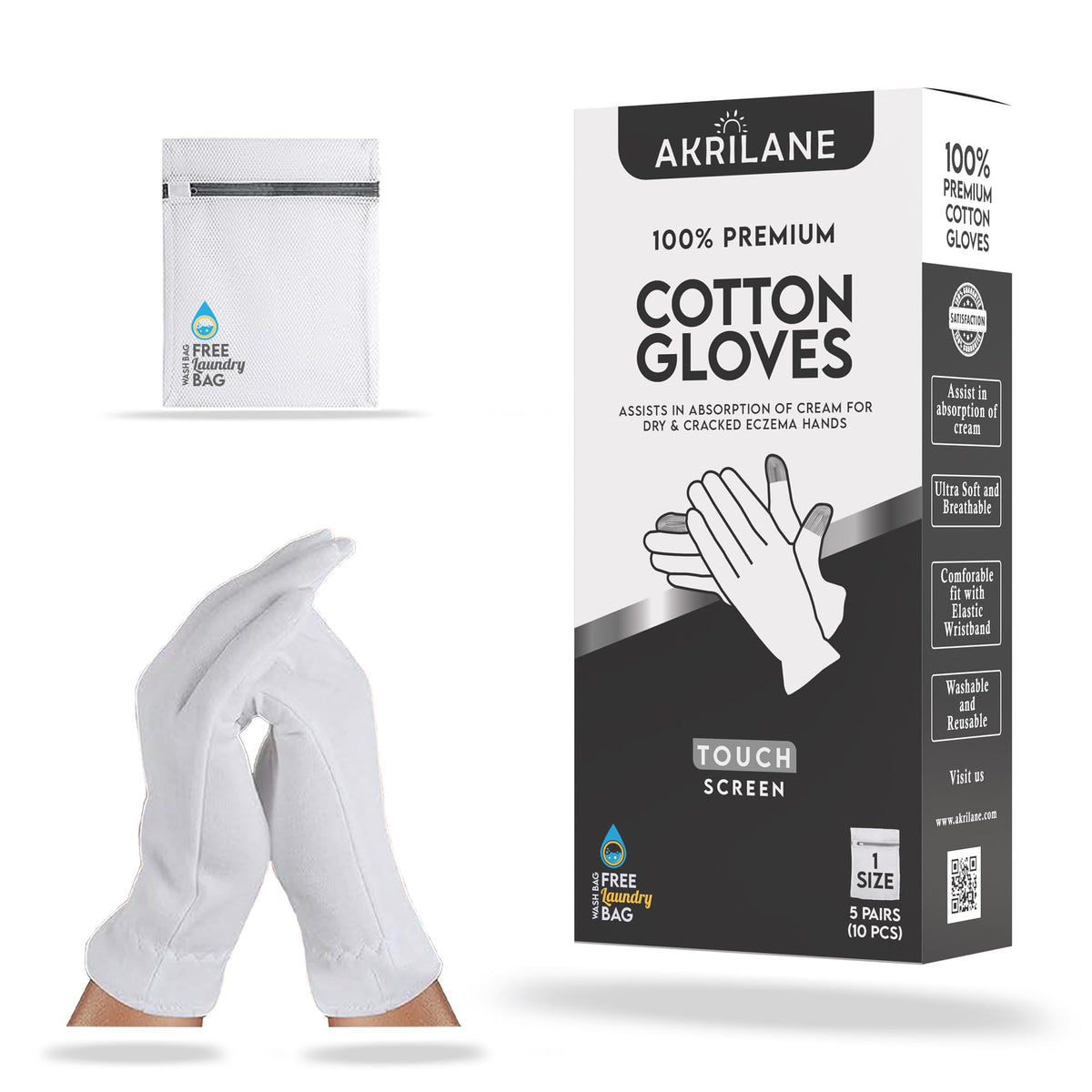 Akrilane Touch Screen Cotton Gloves - 5 Pairs For Dry Hands, Eczema & Psoriasis Treatment