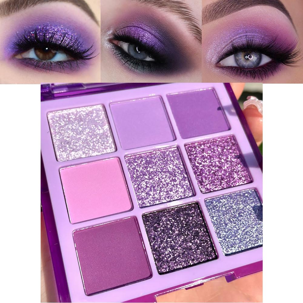 Evpct 9 Colors Glitter Eye Shadow Palette - Highly Pigmented Waterproof Makeup, Purple & Pink Shades