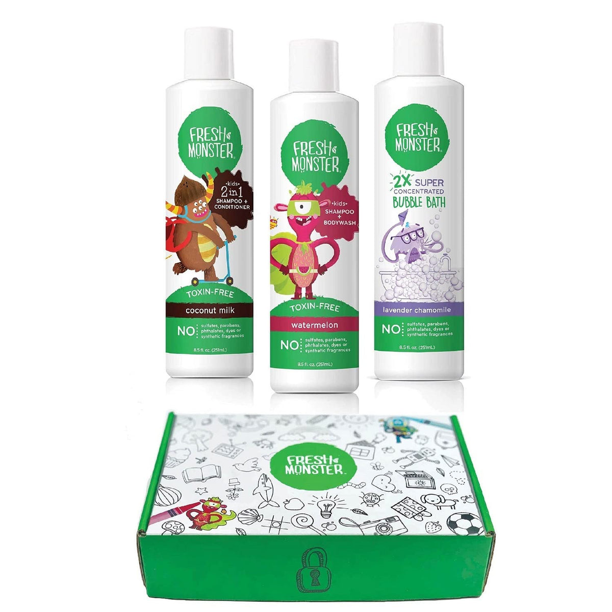 Fresh Monster Kids Bath Gift Set - Natural Shampoo, Body Wash & Bubble Bath, 3 Piece Set