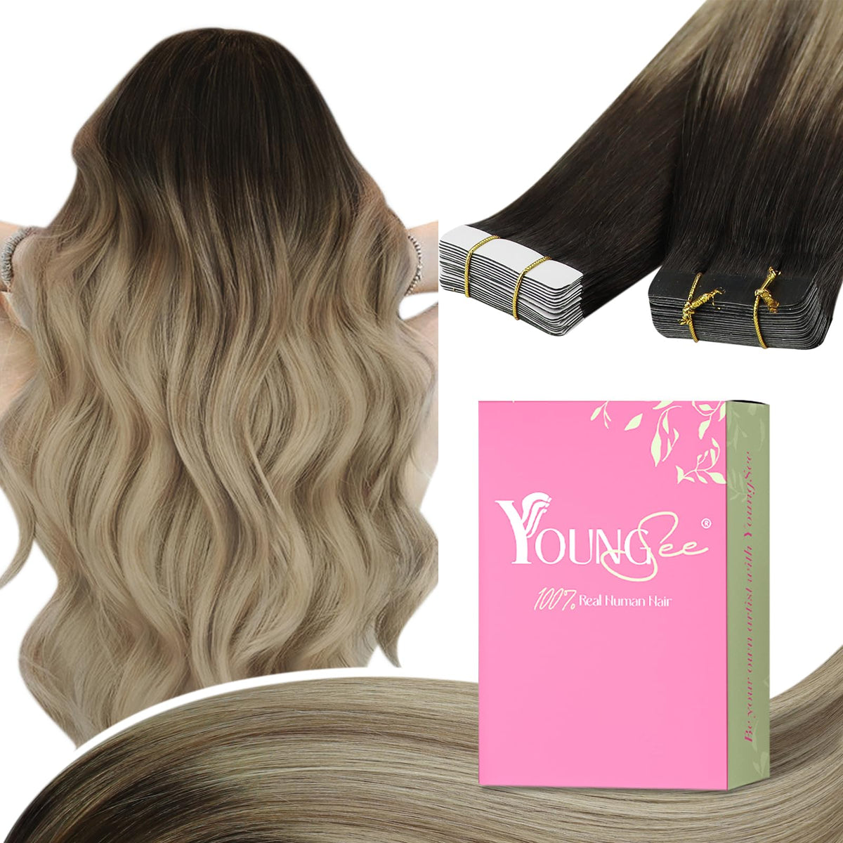 Youngsee 20&quot; Ombre Tape In Hair Extensions, Dark Brown To Blonde, Human Hair, 50G, 20Pcs