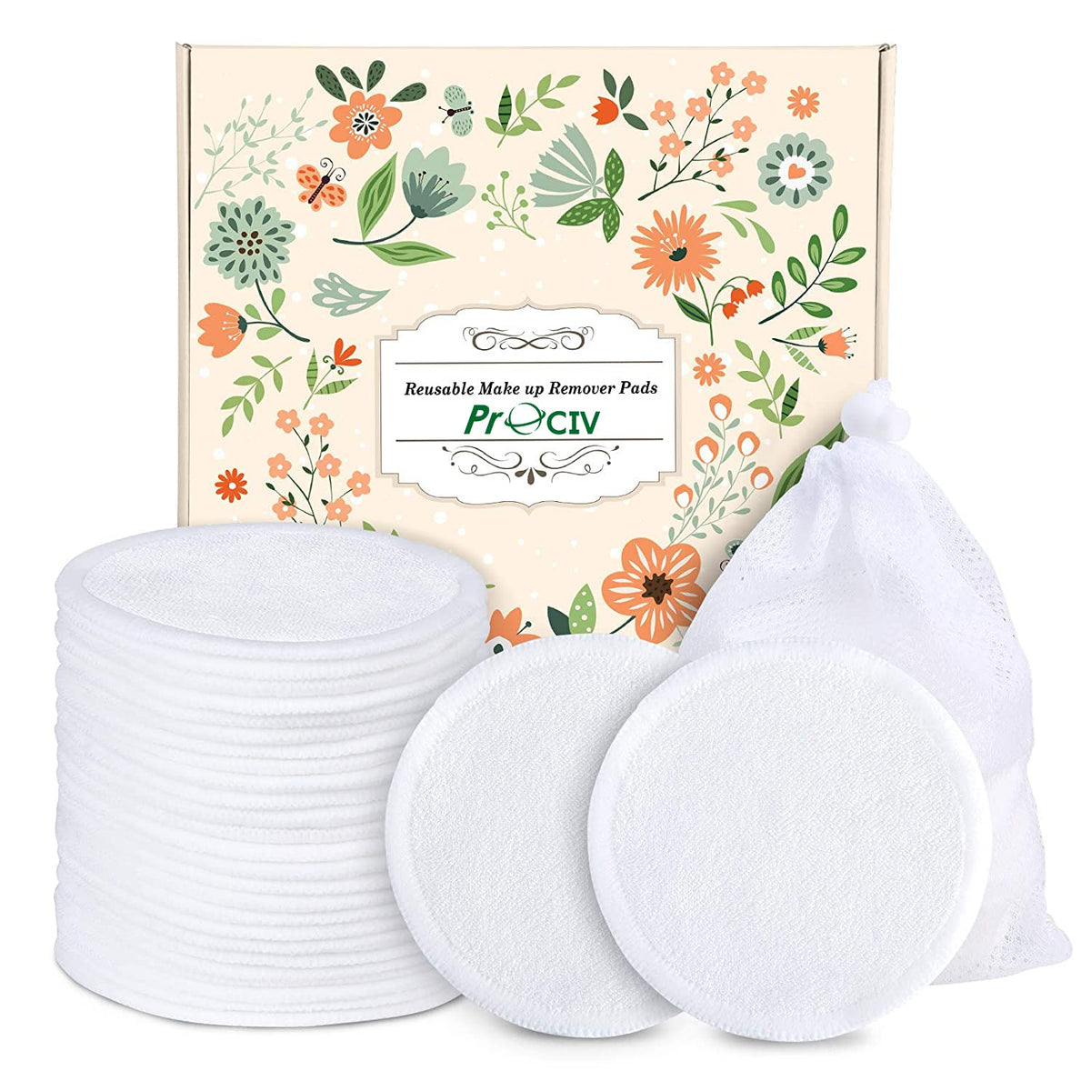 Prociv Organic Bamboo Reusable Makeup Remover Pads - 18 Washable Cotton Rounds, Eco-Friendly