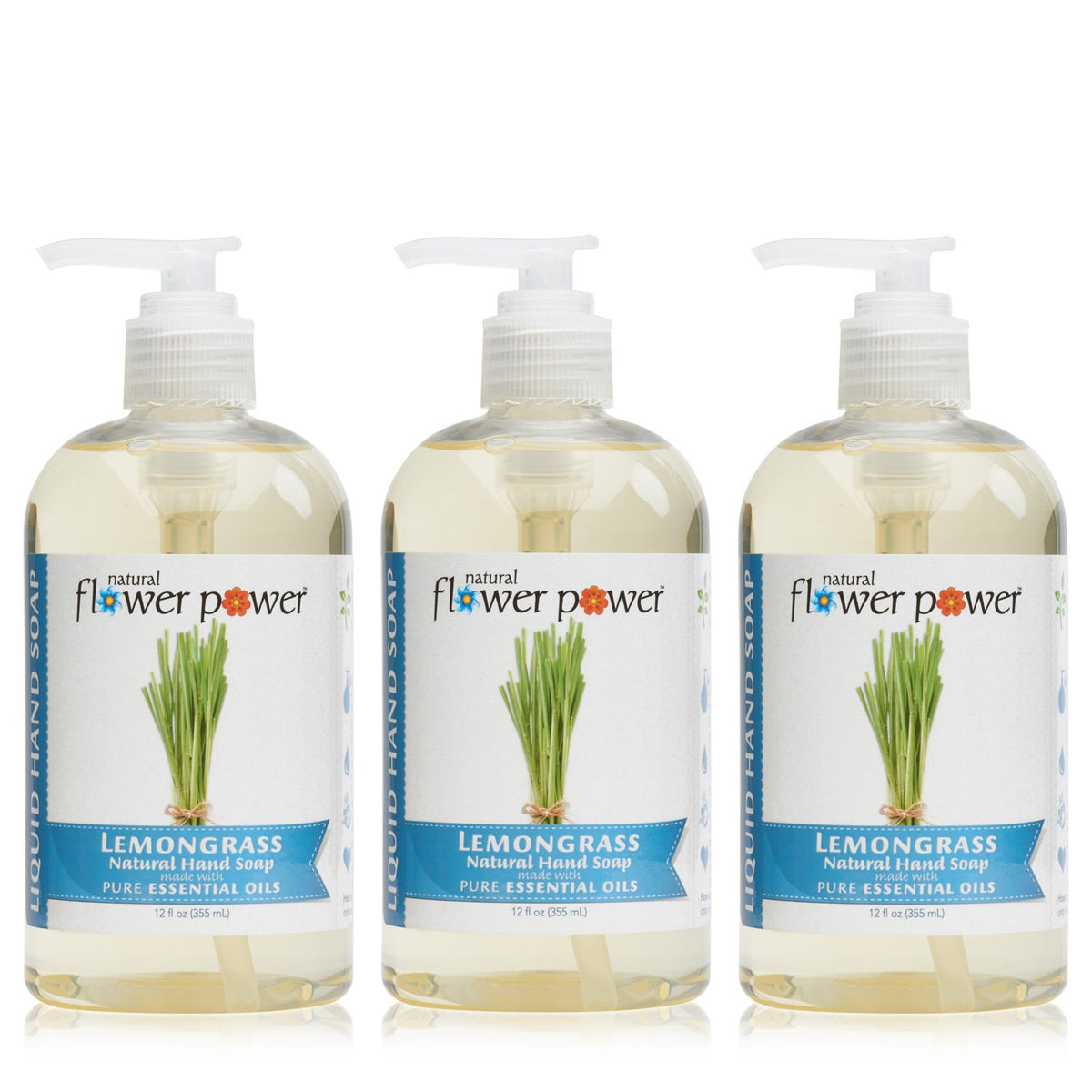 Natural Flower Power Lemongrass Hand Soap - Plant-Based, Aloe Vera, Essential Oils - 12 Oz (3 Pack)