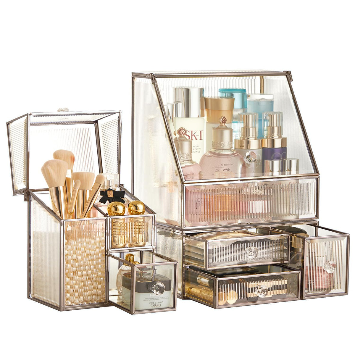 Hersoo Stackable Glass Makeup Organizer Set - 3 Pieces Brass Vanity Storage for Brushes & Lipsticks