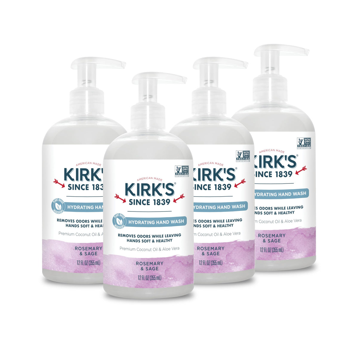 Kirk'S Hydrating Hand Wash, Coconut Oil & Aloe Vera, Vegan, 12 Fl Oz, 4 Pack, Odor Elimin