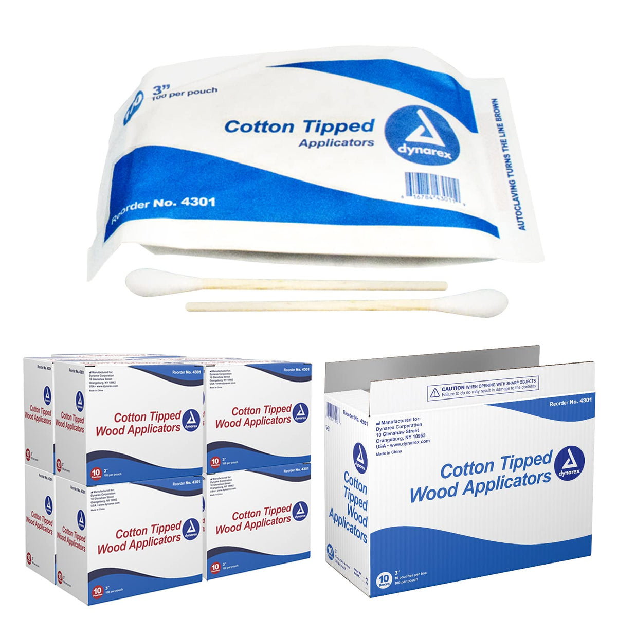 Dynarex 3-Inch Cotton Tipped Applicators - 1000 Single-Use Wooden Tips For Wound Care & Hygiene