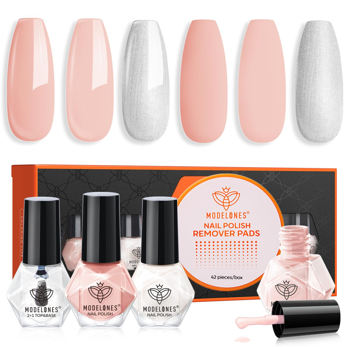 Modelones Nail Polish Set - 3 Nude Colors With Base, Top Coat & Remover Pad - Bubble Bath