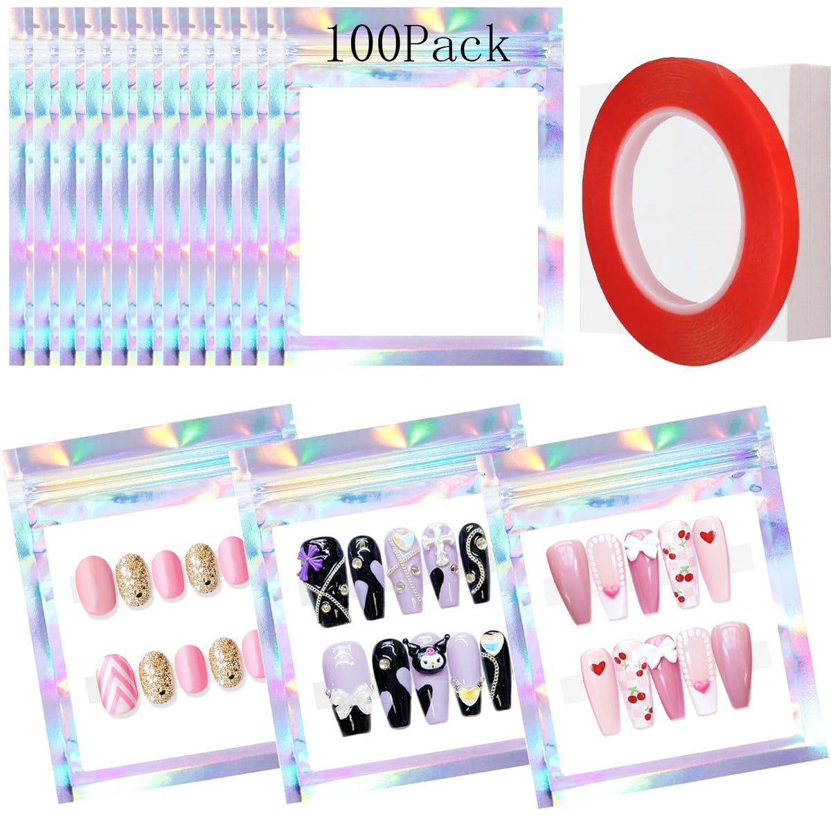 Yazabai 100Pcs Holographic Nail Storage Bags With Cardboard Nail Tips & Tape, Laser Color