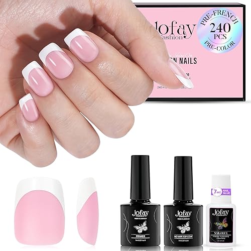 Jofay Fashion French Gel Nail Tips Kit - 240Pcs Pink Square Short Acrylic Press On Nails