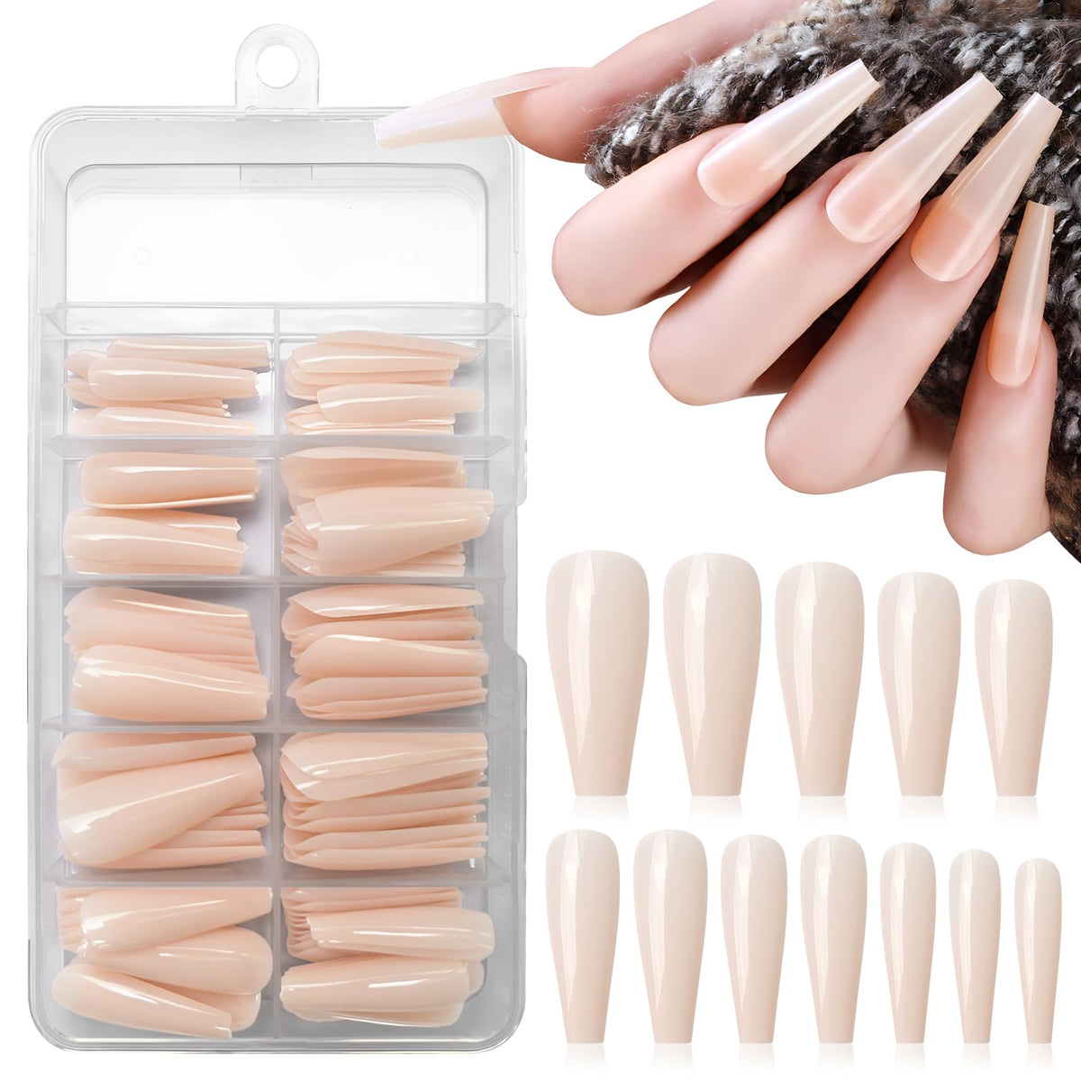 Lifextol 120pc Medium Nude Coffin Press On Nails, Full Cover Acrylic Tips for Women & Girls